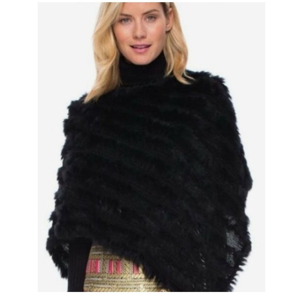 J.McLaughlin Luxury Black Genuine Rabbit Fur Poncho Cape Heavy Warm Winter Wrap